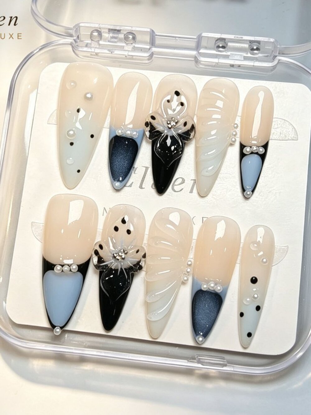 Gradient Blue & White Stiletto Handmade Press On Nails With Pearl And Floral